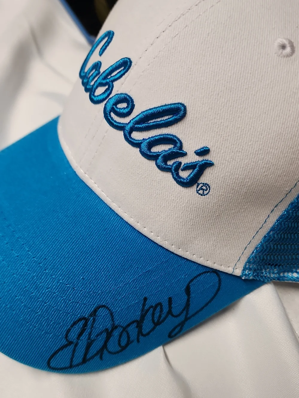 Signed Eva Shockey Cabela's White and Bright Blue Mesh Trucker Hat